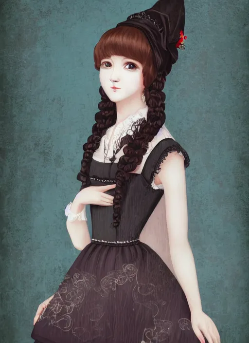 Prompt: a photograpic portrait of young woman, pride and prejudice, kawaii style, with kind face, dark hair, georgian dress, intricate, elegant, highly detailed, digital painting, smooth, sharp focus