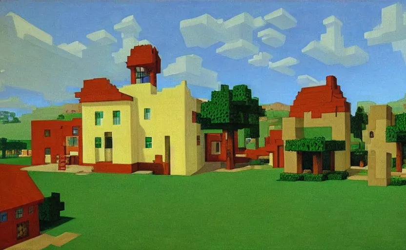 Prompt: a Minecraft village, painting by Edward Hopper