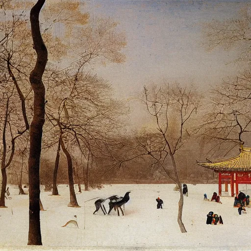 Prompt: A painting of Beihai Park in winter, in Beijing, by Bruegel.