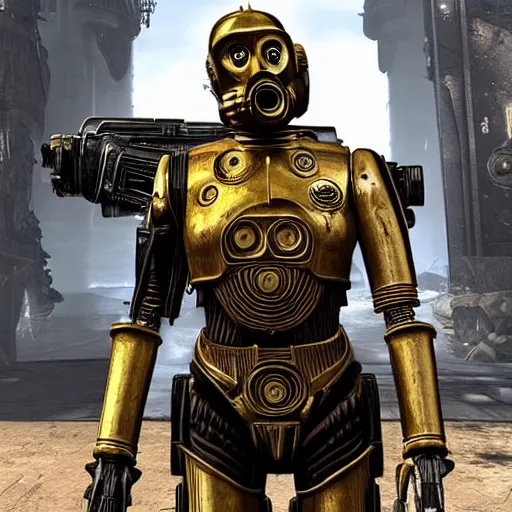 Image similar to C3PO in Gears of War, wearing a trench coat