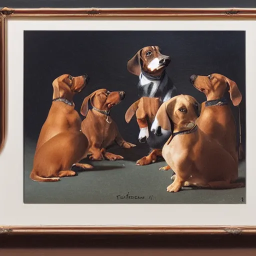 Prompt: dachshund conducting an orchestra, 8 k, color film, photorealistic,