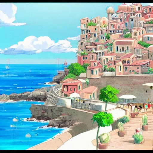 Image similar to artwork of a coastal city in Italy in the style of Studio Ghibli