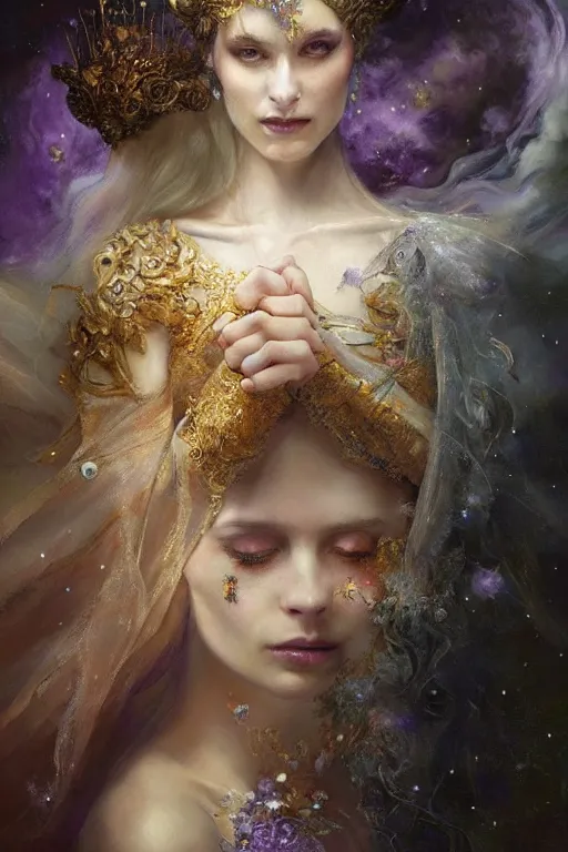 Prompt: breathtaking detailed soft painting of full shot night queen with a golden headpiece, amethyst crown, gauze dress draped of blood and constellations and nebulae in the background, rembrandt style, elegant, highly detailed, artstation, concept art, matte, sharp focus, art by tom bagshaw, seb mckinnon and greg rutkowski