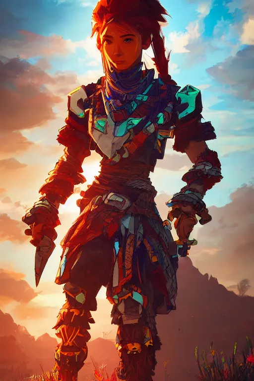 Image similar to combination suit armor aloy horizon forbidden west horizon zero dawn radiating a glowing aura global illumination ray tracing hdr fanart arstation by ian pesty and alena aenami artworks in 4 k tribal robot ninja mask helmet backpack