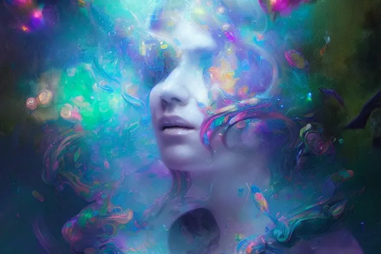 Image similar to a psychedelic realm hidden away in a pocket of ethereal understanding / astral beings sharing love greg rutkowski wlop lisa frank bob ross | ruan jia | illustration