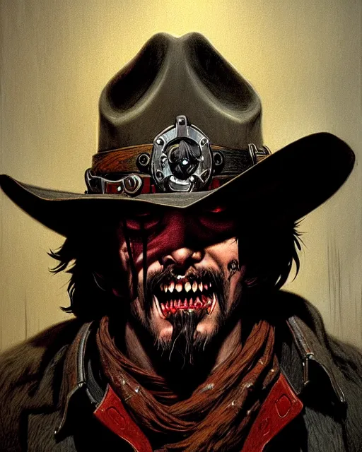 Image similar to mccree from overwatch, evil, crazed look in his eyes, character portrait, portrait, close up, concept art, intricate details, highly detailed, horror poster, horror, vintage horror art, realistic, terrifying, in the style of michael whelan, beksinski, and gustave dore