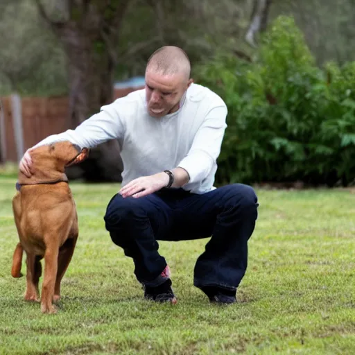 Image similar to man playing with an invisible dog