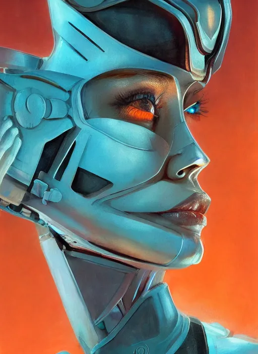 Prompt: ( ( symmetry ) ) closeup portrait of a stunning cyborg girl crying in tears, jumpsuit angular armor, strong cinematic light, teal orange, viscous volumetric smoke, mist, by gerald brom, by mikhail vrubel, by peter elson, muted colors, extreme detail, trending on artstation, 8 k