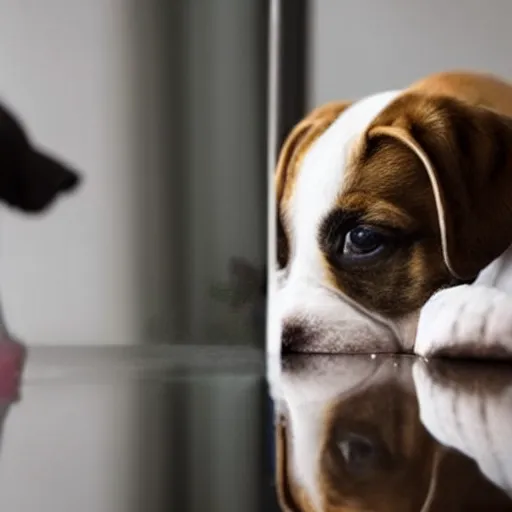 Prompt: a sad puppy staring at its own reflection in the mirror