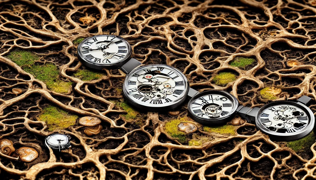 Prompt: detailed view from inside wet ink a clockwork watch bone landscape, entangled roots covered in mushrooms, cracked earth, growing living spore microorganisms, decaying, rusty, hyper realistic photo, full colour, upscale, 8 k