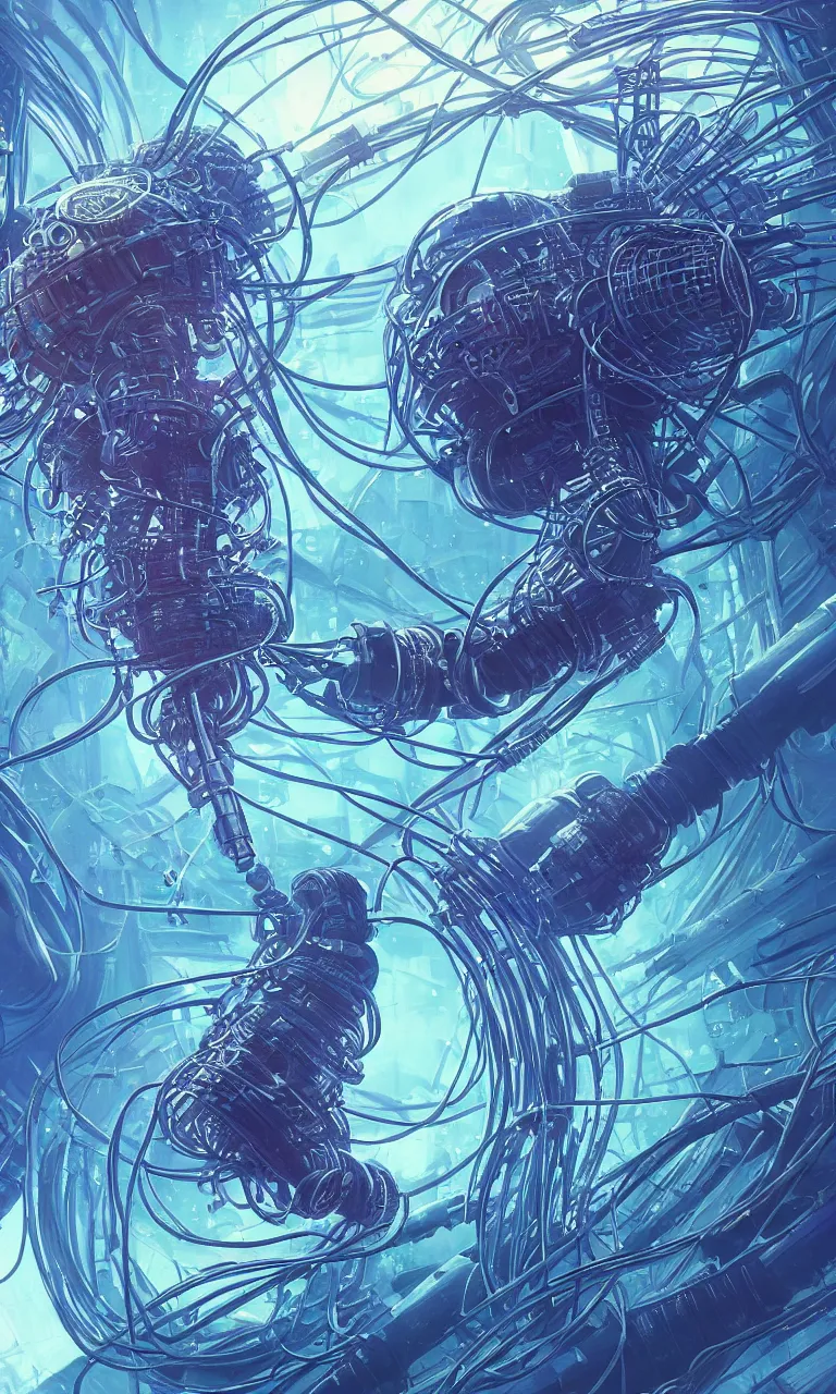 Image similar to Panorama hyper detailed painting of a cyberpunk jellyfish, cables everywhere, blue tones, underwater, 8 mm, highly detailed, digital painting, artstation, concept art, smooth, sharp focus, illustration, art by artgerm and greg rutkowski and alphonse mucha