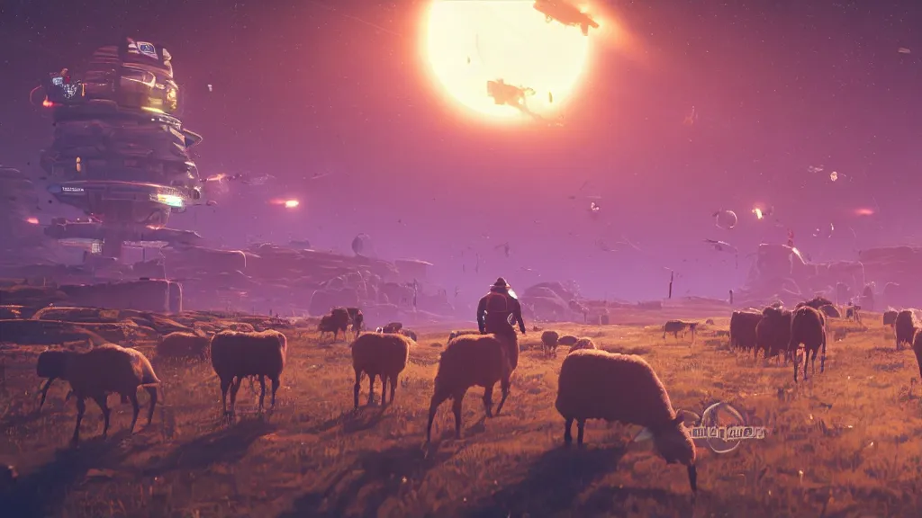 Image similar to Cyberpunk cowboys herding sheep in a No Man's Sky landscape