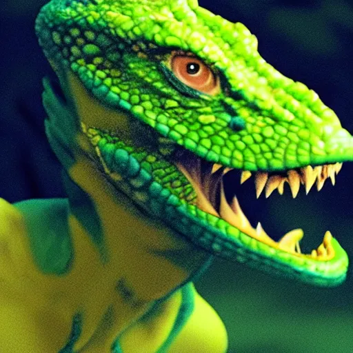 Image similar to Emma Stone transforming into a green-yellow angry lizard, 8K. detailed. photorealism. artstation. 25mm f/1.7 ASPH Lens. ultra realistic.