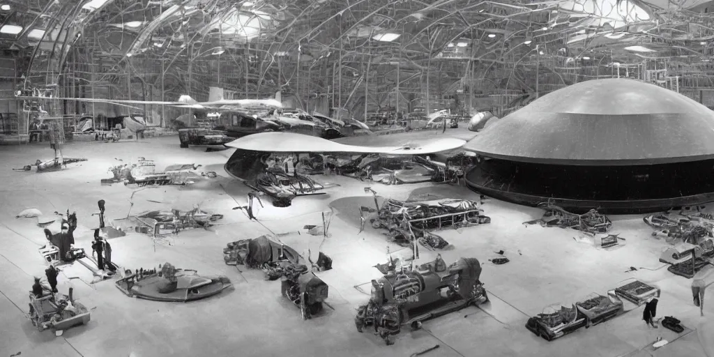 Prompt: Engineers revealing and disassembling the world's first UFO captured by the US military in an aircraft hangar. Realistic, 4K.