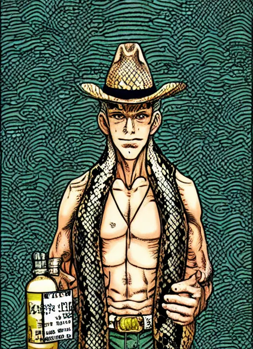 Image similar to portrait of a snake oil salesman wearing a snake suit and wide brimmed hat offering you a bottle of serum formula, art by Kentaro Miura