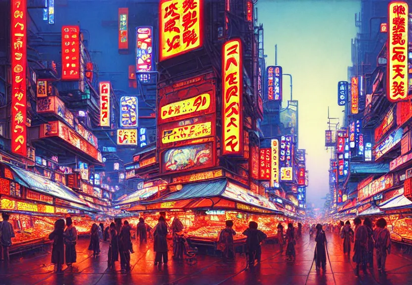 Prompt: market in japan, cyberpunk style with droids, bright neon signs, sunny weather, tim hildebrandt, wayne barlowe, bruce pennington, donato giancola, larry elmore, oil on canvas, masterpiece, trending on artstation, featured on pixiv, cinematic composition, hyper - detailed, hd, hdr, 4 k, 8 k