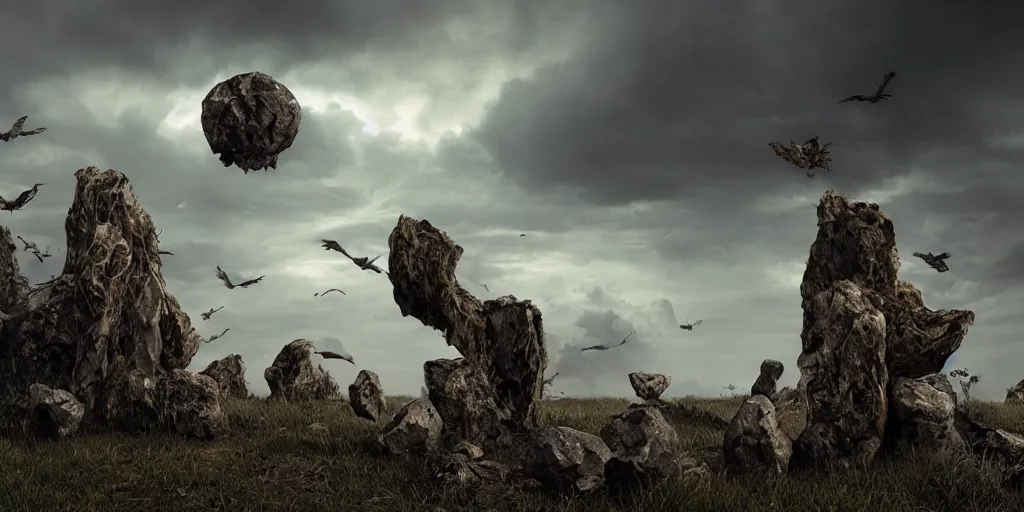 Prompt: photorealistic strange sculpture made of bird skulls. epic landscape, with ominous storm clouds, strange levitating stones, stones falling from the sky, a gentle rising mist. occult photorealism, uhd, amazing depth, glowing, golden ratio, 3 d octane cycle unreal engine 5, volumetric lighting, cinematic lighting, cgstation artstation concept art