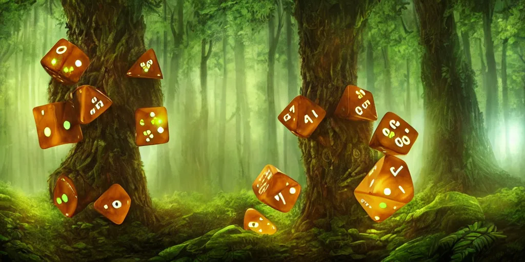 Prompt: anthropomorphic tree spirits rolling cube dice in the forest, glowing energy, fantasy magic, by willian murai and jason chan and marco bucci, hyper detailed and realistic, illustration, sharp focus, cinematic, rule of thirds, forestpunk