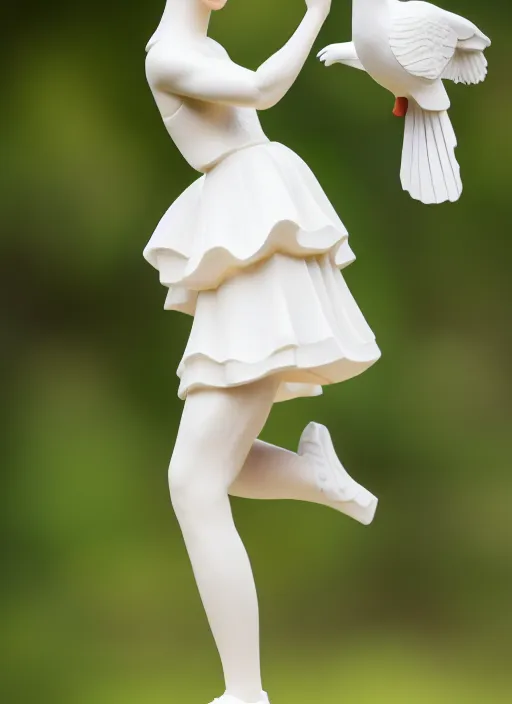 Image similar to still wooden figurine of young woman dressed wearing white shorts, holding white pigeon, personification, dynamic pose, detailed product photo, 8 k, 8 5 mm, f. 1 4, beautiful composition