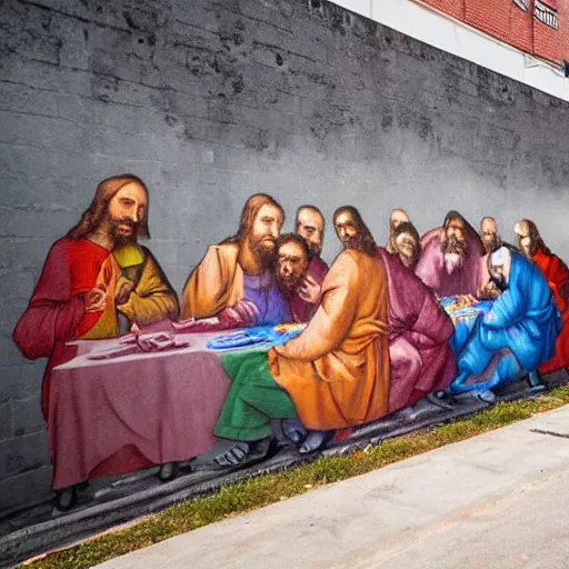 Image similar to on the wall of a gray building, a colorful spray-painted graffiti of The Last Supper by Da Vinci