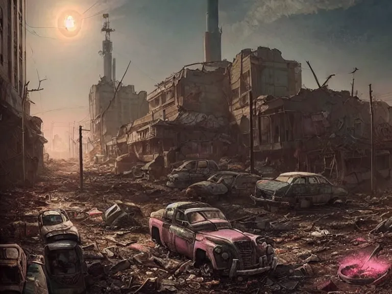 Image similar to postapocalyptic city of syzran!!!, in fallout style!!!, militaristic!!!, rubble, hyperrealistic, highly detailed, cinematic, pink sunlight, romantic, beautiful, cgssociety, artstation, 8 k, oil painting by greg rutkowski, by artgerm, by wlop