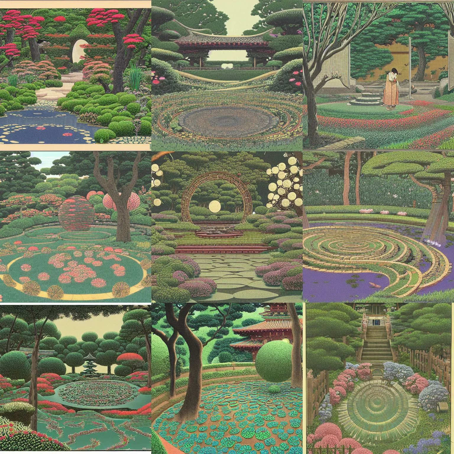 Prompt: a portal in a mysterious garden filled with spherical flowers, spiralling paths, and a geometric pond, artwork by Hasui Kawase, extremely detailed, trending on art station