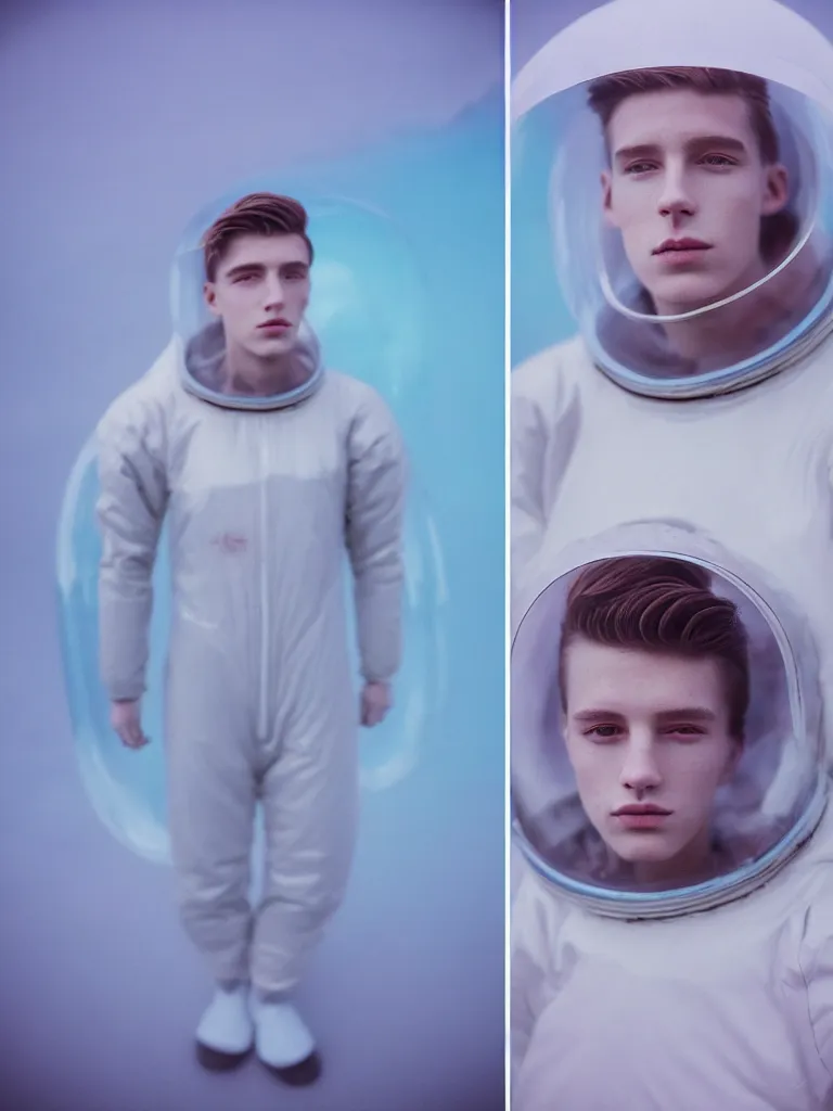 Image similar to high quality pastel coloured film portrait photograph of one beautiful young 2 0 year old male, soft features, short hair, wearing perspex space suit and oversized inflated clothing!! icelandic black rock pool environment. atmospheric three point light. photographic. art directed. ( pastel colours ). volumetric. clearcoat. waves. 8 k. filmic.