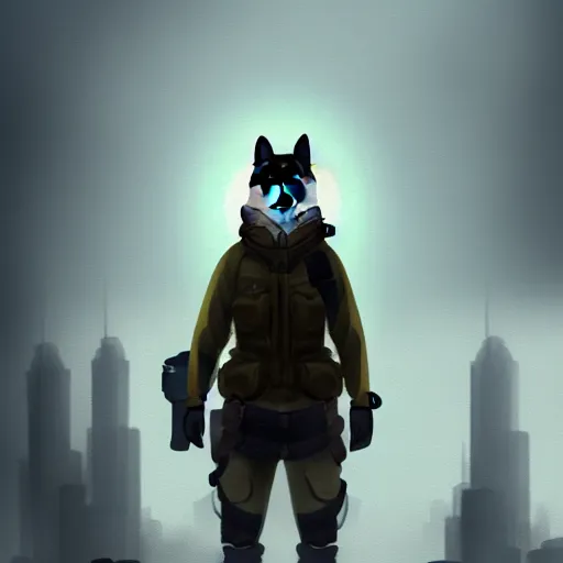 Prompt: postapocalyptic foggy moody cinematic stil portrait of anthropomorphic anthro shiba inu wearing soldier helmet gear , 4k trending on artstation by rutkowski