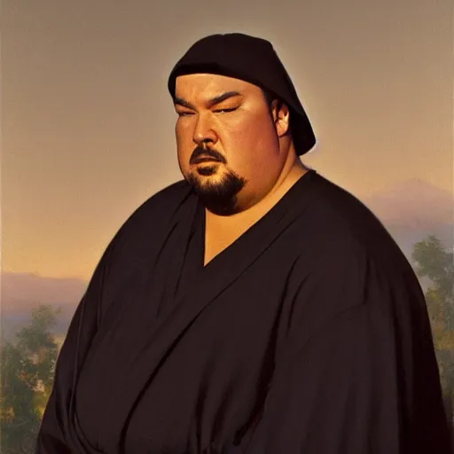 Image similar to Painting of obese Steven Seagal as Obi-Wan Kenobi. Art by william adolphe bouguereau. During golden hour. Extremely detailed. Beautiful. 4K. Award winning.