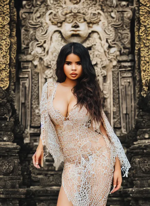 Image similar to portrait of demi rose wearing kebaya in bali temple, by charlotte grimm, natural light, detailed face, beautiful features, symmetrical, canon eos c 3 0 0, ƒ 1. 8, 3 5 mm, 8 k, medium - format print, half body shot