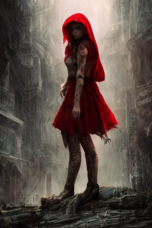 Prompt: little red riding hood, wolf slayer, cyberpunk, dramatic lighting, cinematic, establishing shot, extremely high detail, foto realistic, cinematic lighting, post processed, concept art, high details, cinematic, 8k resolution, beautiful detailed, photorealistic, digital painting, artstation, concept art, smooth, sharp focus, artstation trending, octane render, unreal engine