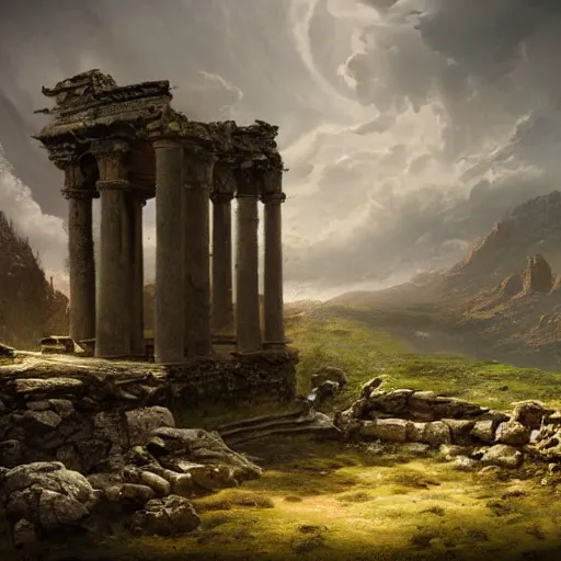 Image similar to intricate matte painting, dramatic landscape, ruins