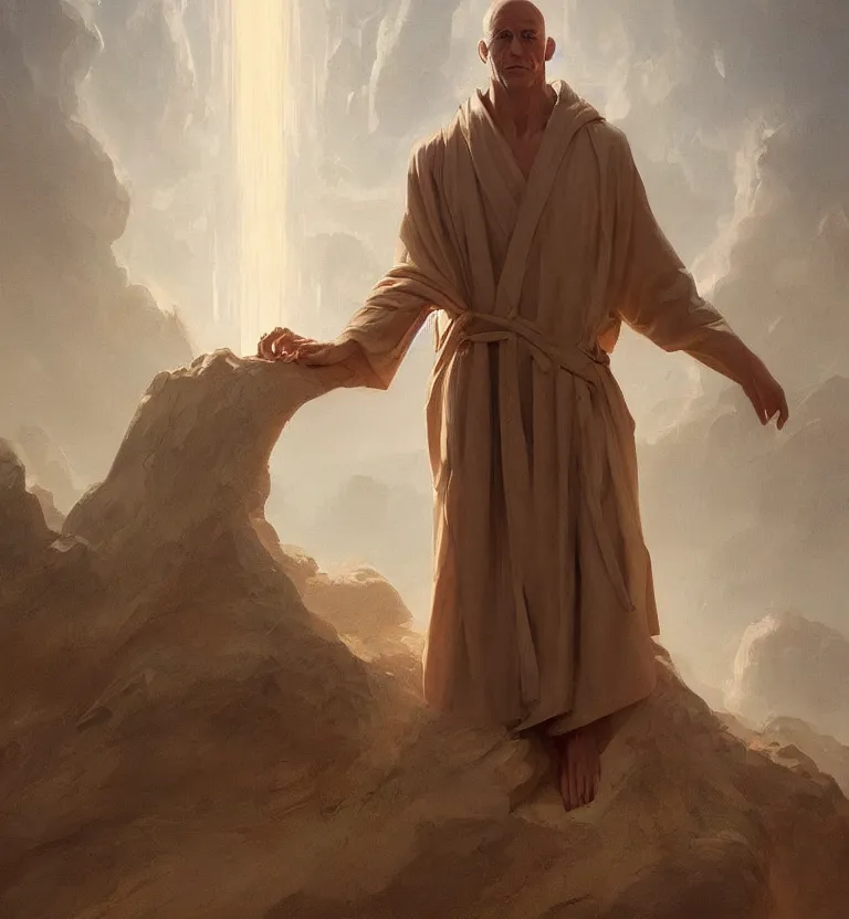 Image similar to symmetric painting of a bald tall tan man with elongated ears wearing a flowing robe overlooking the earth, nature, eyes closed, greg rutkowski, lacoste, raphael, ruan jia, trending on artstation, detailed digital art