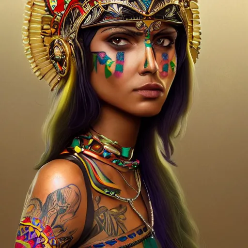 Prompt: an attractive young tattooed aztec female with piercings wearing an rainbow ornate metallic helmet, catalina otalvaro, olive skin, long dark hair, beautiful bone structure, intricate, elegant, highly detailed, digital painting, artstation, concept art, smooth, sharp focus, illustration, art by artgerm and greg rutkowski and alphonse mucha