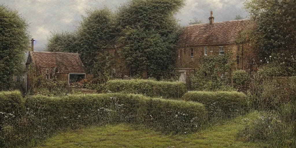 Prompt: A detailed painting of an abandoned building house garden by Lee madgwick. Shrubs. Graffiti. Set in an English countryside landscape. by Lee madgwick