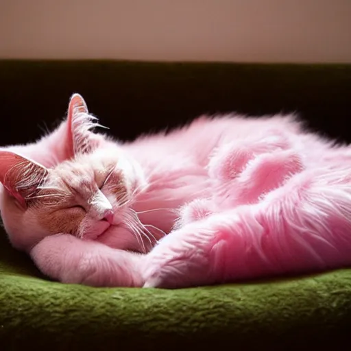 Image similar to pink furred cat sleeping in a fluffy bed