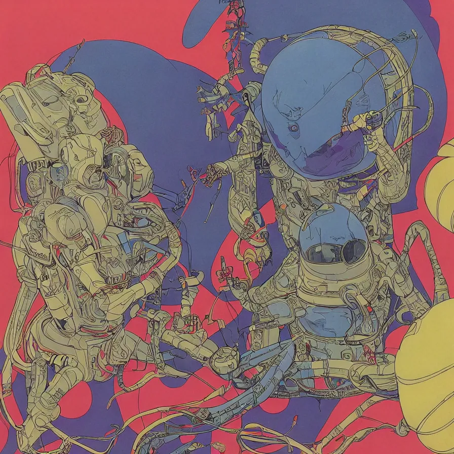 Prompt: ( an alien king and an astronaut talking face to face, overdetailed art, colorful, record jacket design ) by mœbius