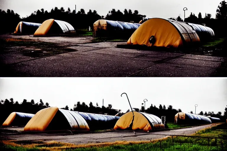 Image similar to post apocalyptic over grown leisure centre being used as shelter, night!!!! dusk, evening, dark, barrel fires and tents, low light