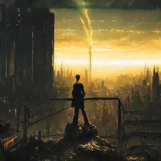 Image similar to wanderer with night vision goggles, dramatic light, sunset, sunrays, cyberpunk city in the background, ruins, buildings, dystoptian, gorgeous view, depth, painted by Caspar David Friedrich, clouds, tending on artstation