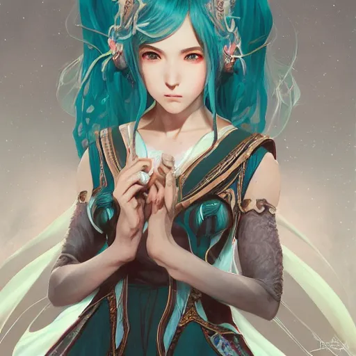 Prompt: portrait of hatsune miku, d & d, fantasy, intricate, elegant, highly detailed, digital painting, artstation, concept art, smooth, sharp focus, illustration, art by artgerm and greg rutkowski and alphonse mucha