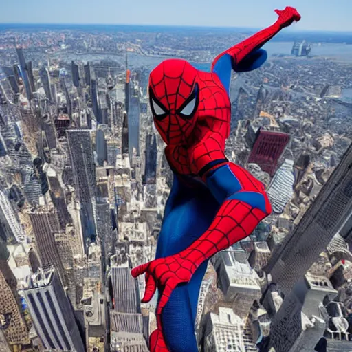 Image similar to marvel spider - man back standing on top of the empire state building