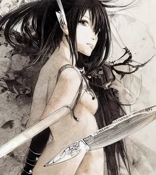 Image similar to full body portrait of anime yandere holding a knife, pen and ink, intricate line drawings, by craig mullins, ruan jia, kentaro miura, greg rutkowski, loundraw