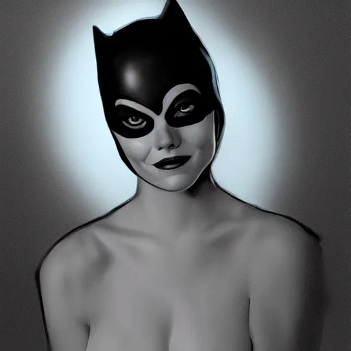 Image similar to Full-body portrait of Emma Stone as catwoman, trending on Artstation, realistic studio lighting, realistic shadows, by Jen Jung, by Lisa Ericson