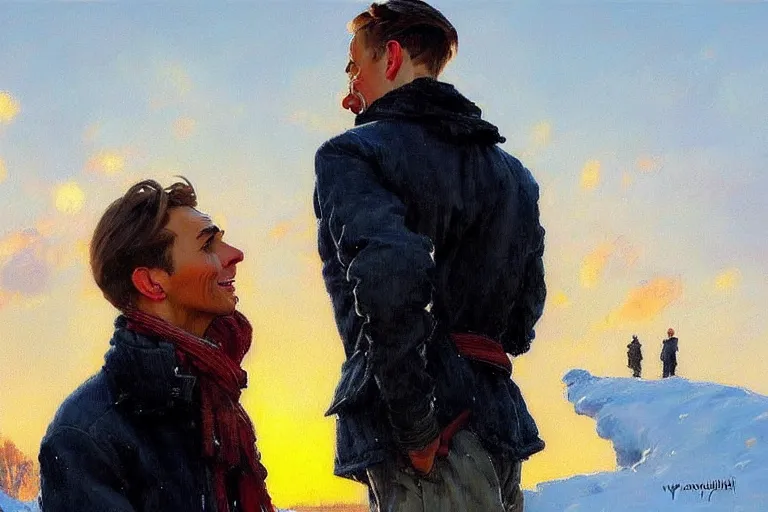 Image similar to attractive man chatting, winter, sunset, painting by vladimir volegov, norman rockwell, tom of finland, trending on artstation