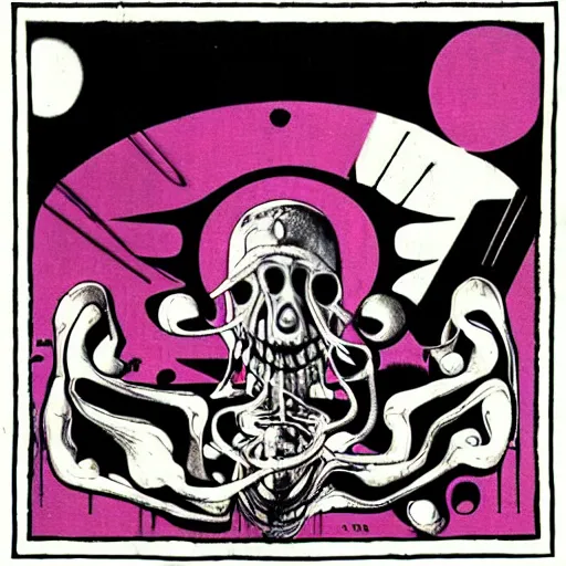 Image similar to post - punk new age album cover, magic, apocalypse, psychedelic, black white pink, magic, giger h. r.