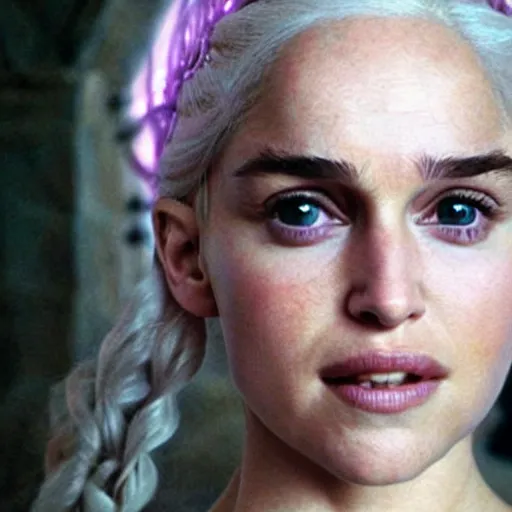 Image similar to a selfie of daenerys targaryen played by a young natalie portman with smooth skin and light violet eyes, ethereal, medium shot, detailed eyes, vivid, golden hour