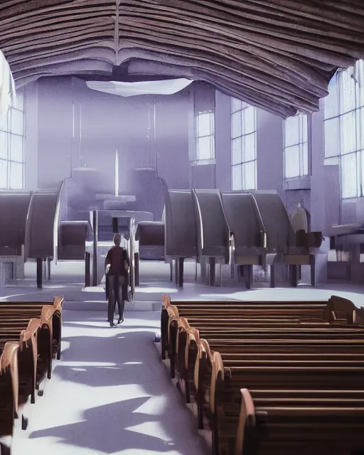 Image similar to crowd in a futuristic church, priest, pews, ethereal, inviting, bright, unreal engine, hyper realism, realistic shading, cinematic composition, realistic render, octane render, detailed textures, photorealistic, wide shot