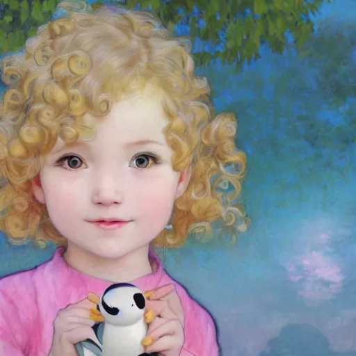 Prompt: a beautiful [[[smiling]]] little blonde toddler girl with short loosely curly hair, at the park on a beautiful day, holding a round all-pink stuffed penguin, by Artgerm, Mucha Klimt, Hiroshi Yoshida and Craig Mullins, featured on Artstation, CGSociety, Behance HD, Deviantart