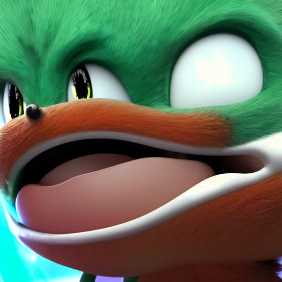 Image similar to High definition picture of ugly sonic with a toothache grin snarling at eggman