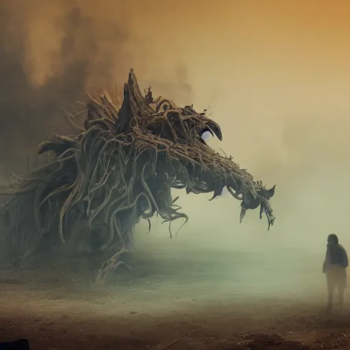Image similar to Giant smoke monster with large teeth coming out of the ground, made of thick swirling smoke, mist, air particles, sandstorm, dramatic lighting, Byzantine ruins, surrounded by priests, worshipers, desert, cinematic, trending on artstation